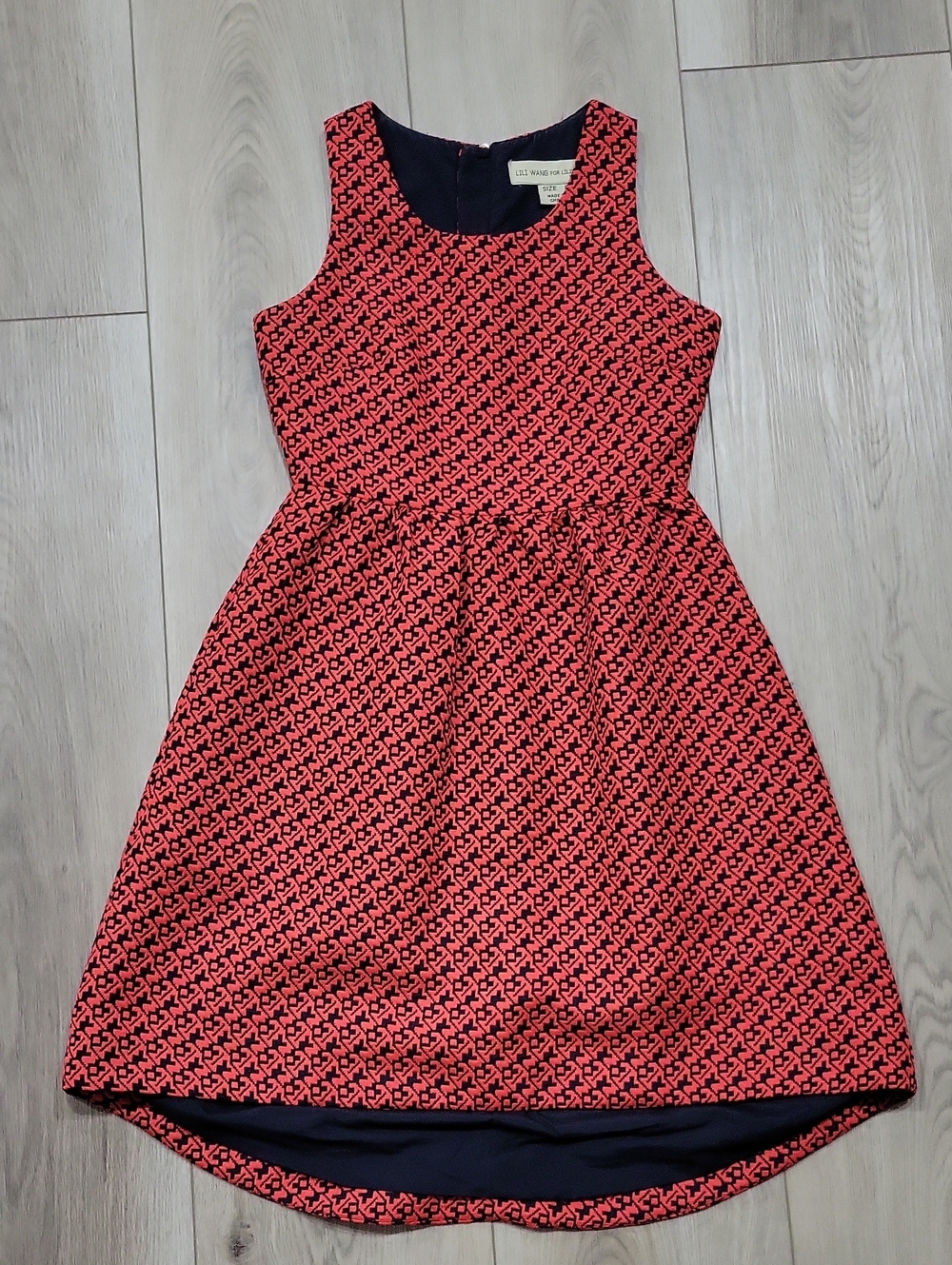 Sleeveless Coral and Black Patterned Midi Dress